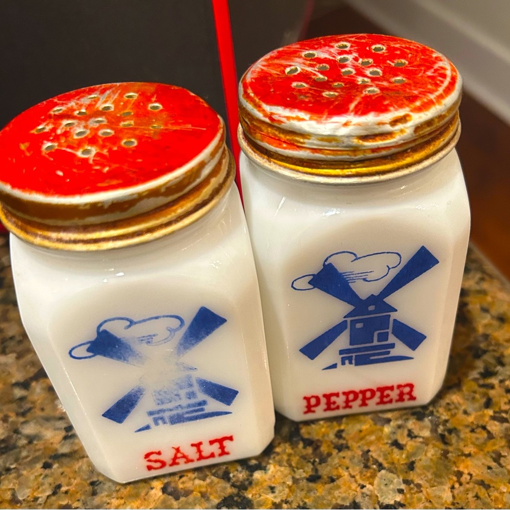 Vintage 1940s Dutch Mill Themed Milk Glass Salt and Pepper Shaker Set